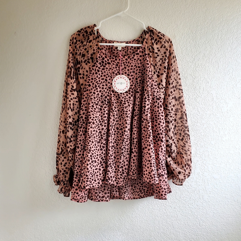 Umgee Top Blouse Women S Pink 2 Tone Animal Print Boho Pullover Lightweight